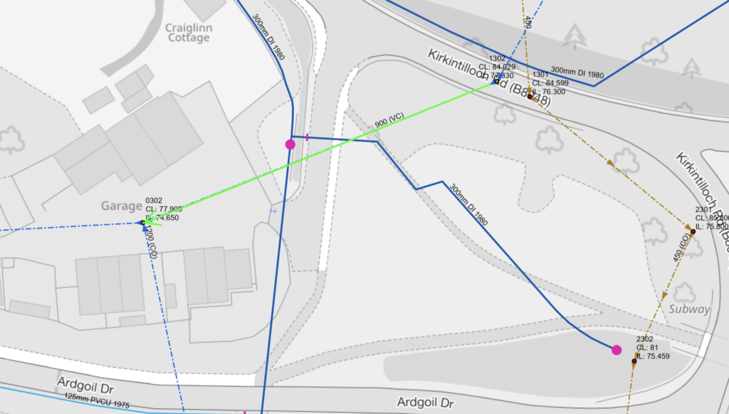 Drainage mapping drawing showing underground pipe routes and connections