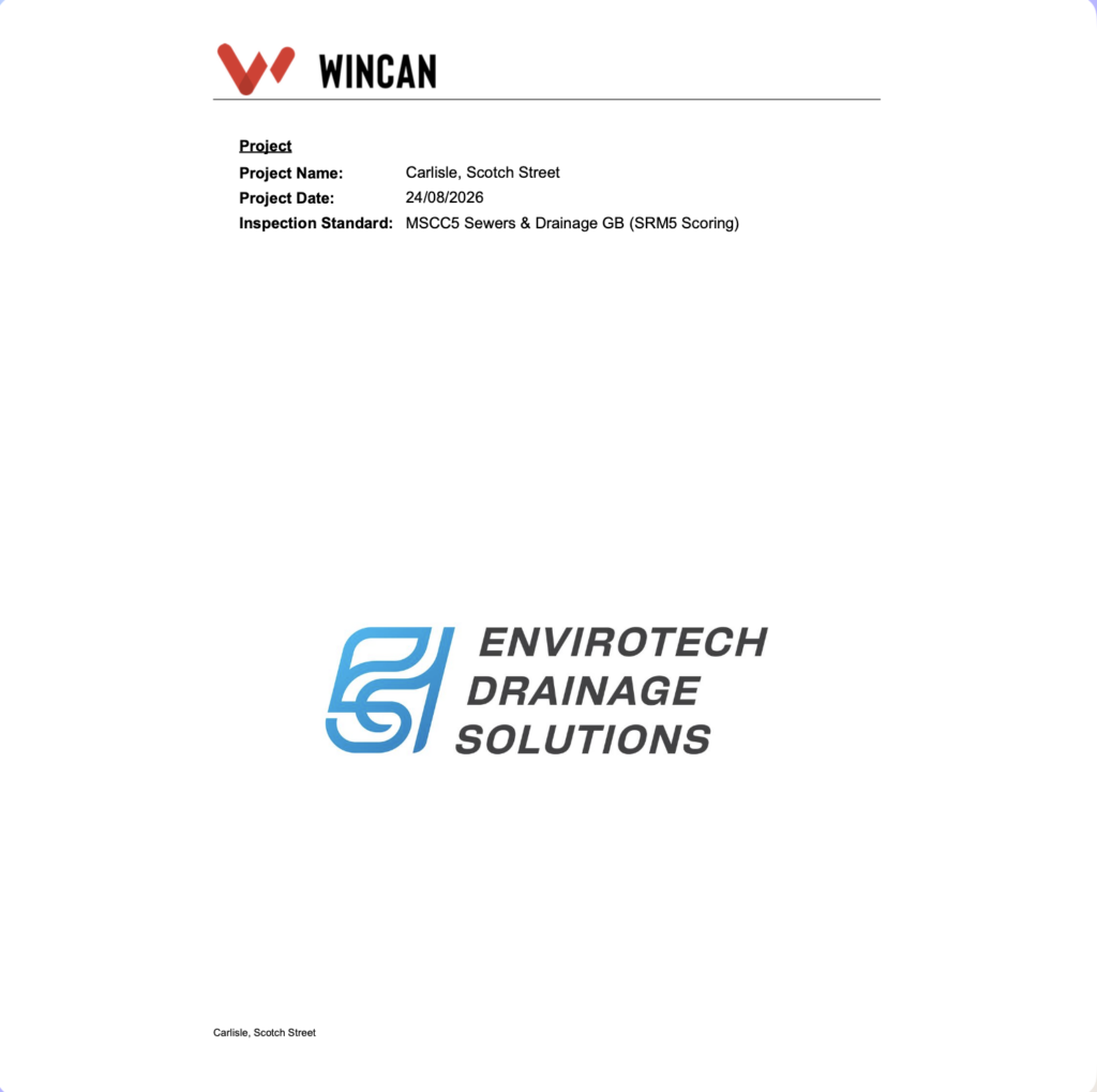 WinCan CCTV drainage survey report prepared for a client as a PDF