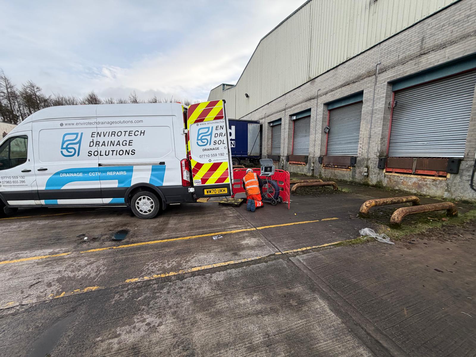 CCTV drainage survey supporting a warehouse mapping project in Livingston
