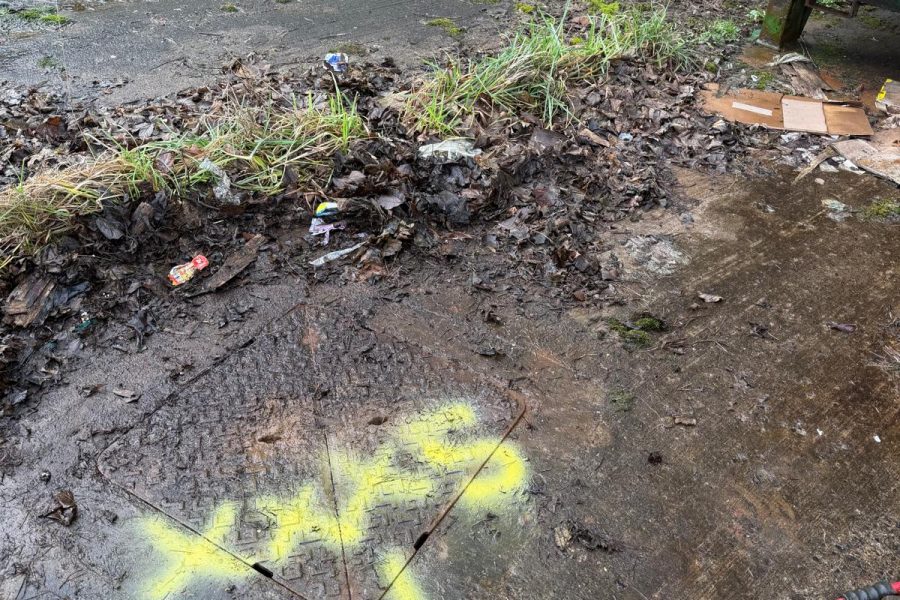 Drainage asset reference and route direction marked during a site survey